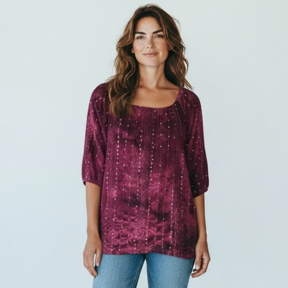 Shannon Ford Blouse Burgundy Tie Dye Sequins Embroidery L/XL‎ #224J